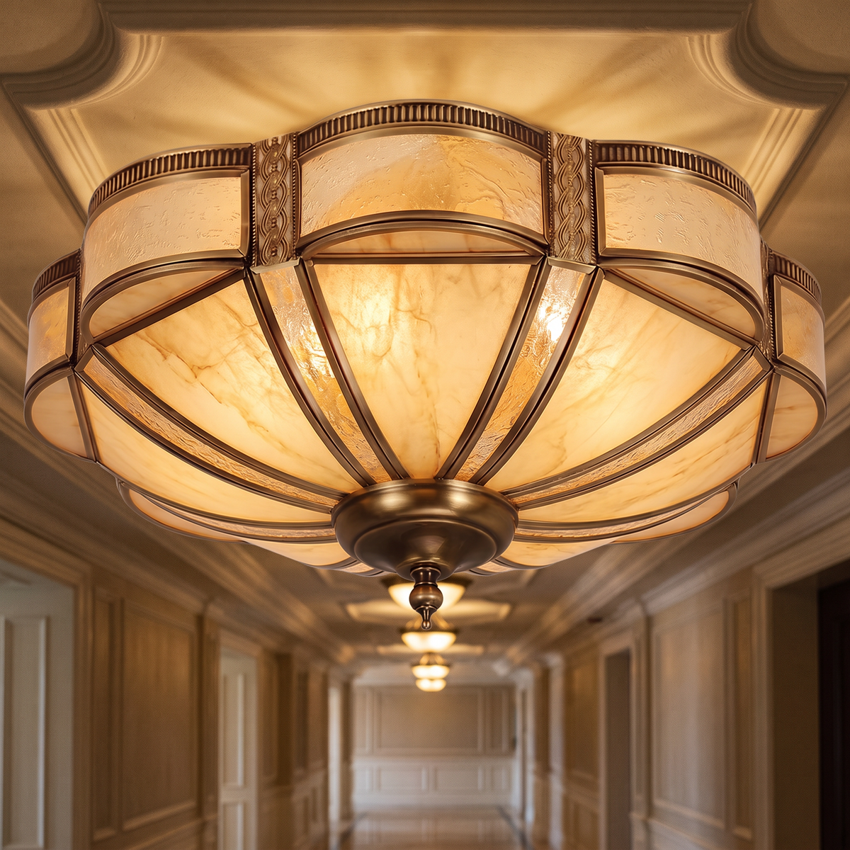Brass scalloped glass ceiling light glowing in a hallway
