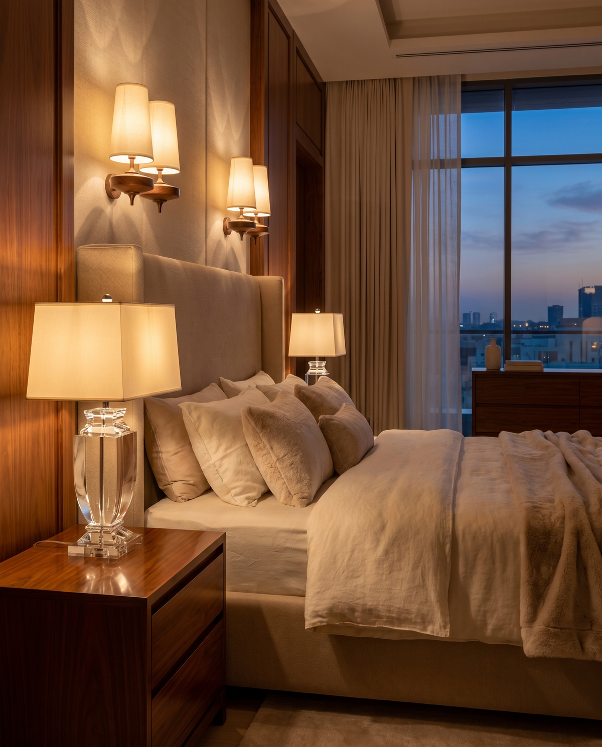 Bedroom lit by a crystal table lamp and twin shade wall sconces