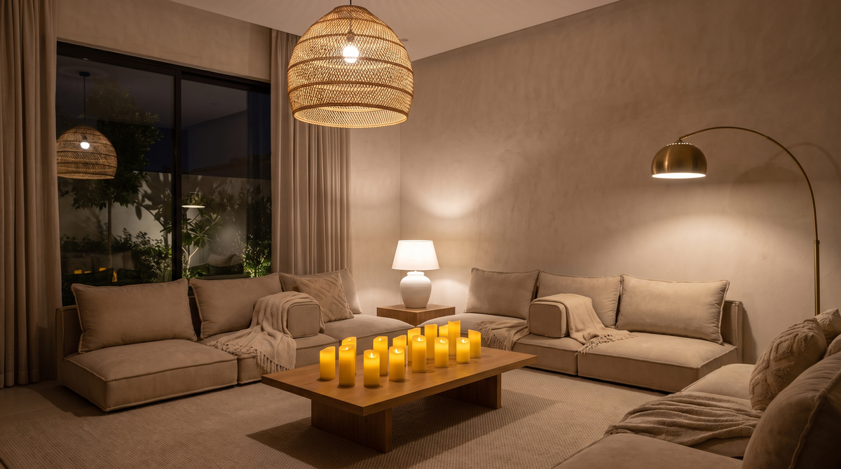 Majlis lit with a pendant, wall lights and flameless candles