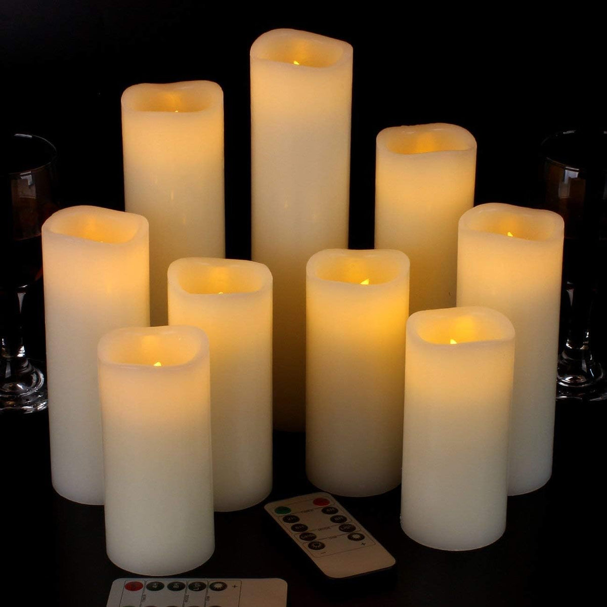 Real Wax Flameless Pillar Candles with Remote, Set of 9