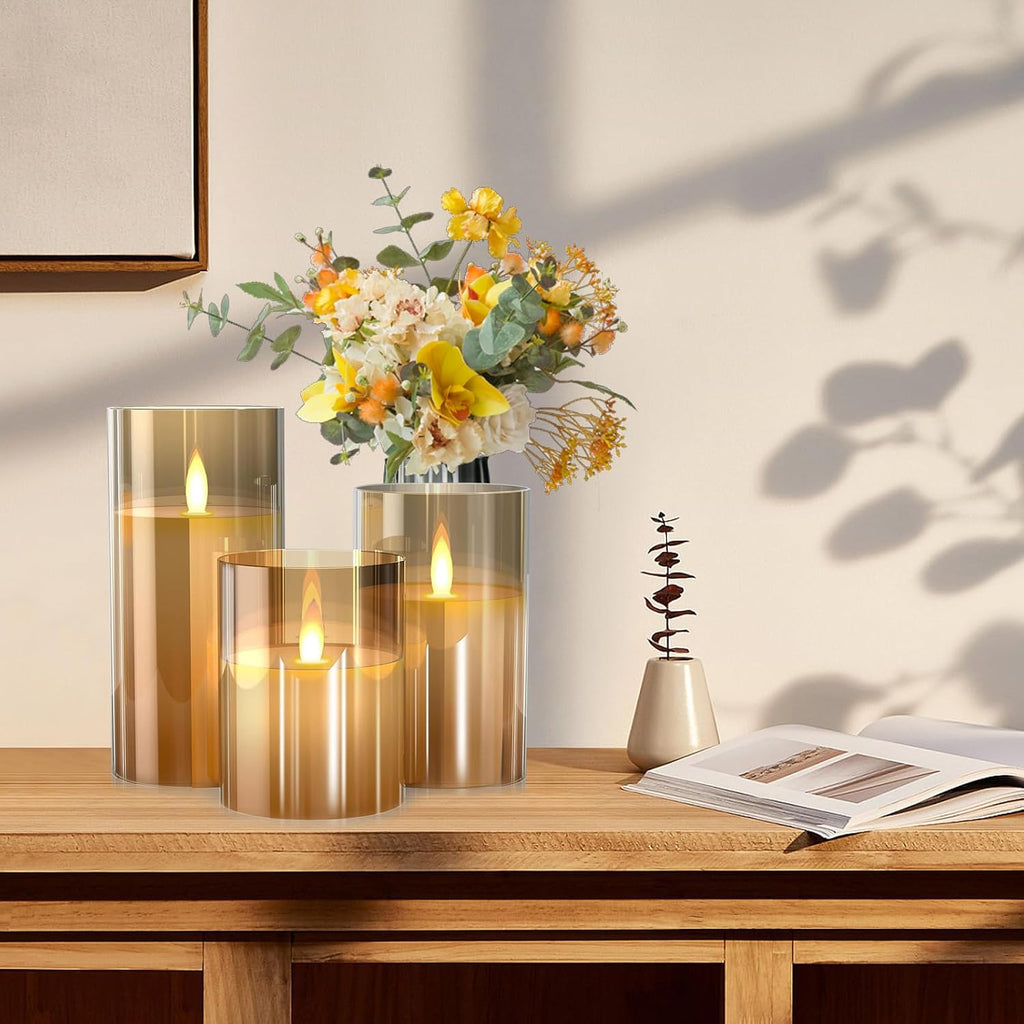 Glass Flameless LED Pillar Candles with Remote, Set of 3