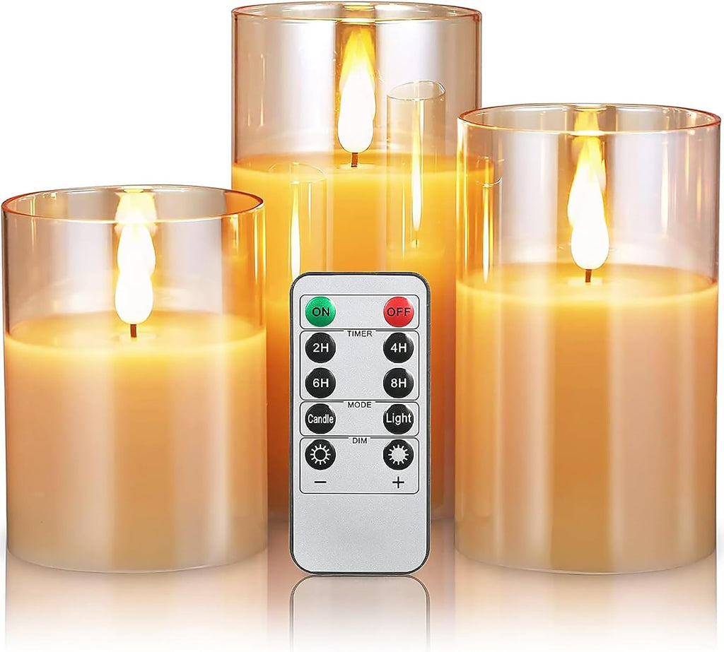 Glass Flameless LED Pillar Candles with Remote, Set of 3