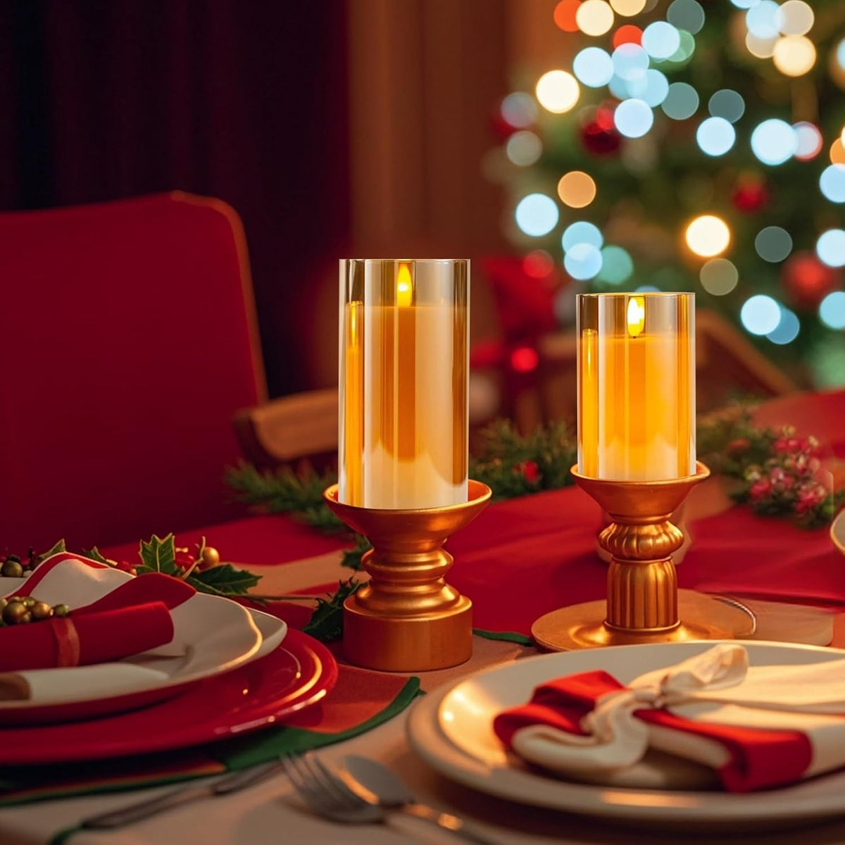 Glass Flameless LED Pillar Candles with Remote, Set of 3
