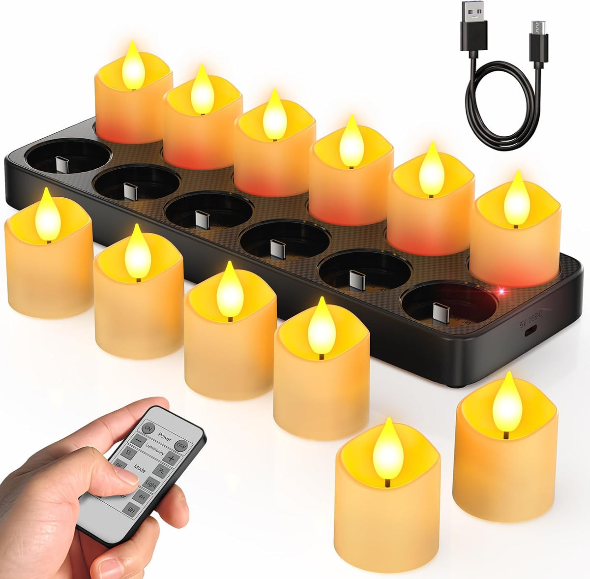 Rechargeable Flameless Tea Lights with Charging Base, 12 Pieces