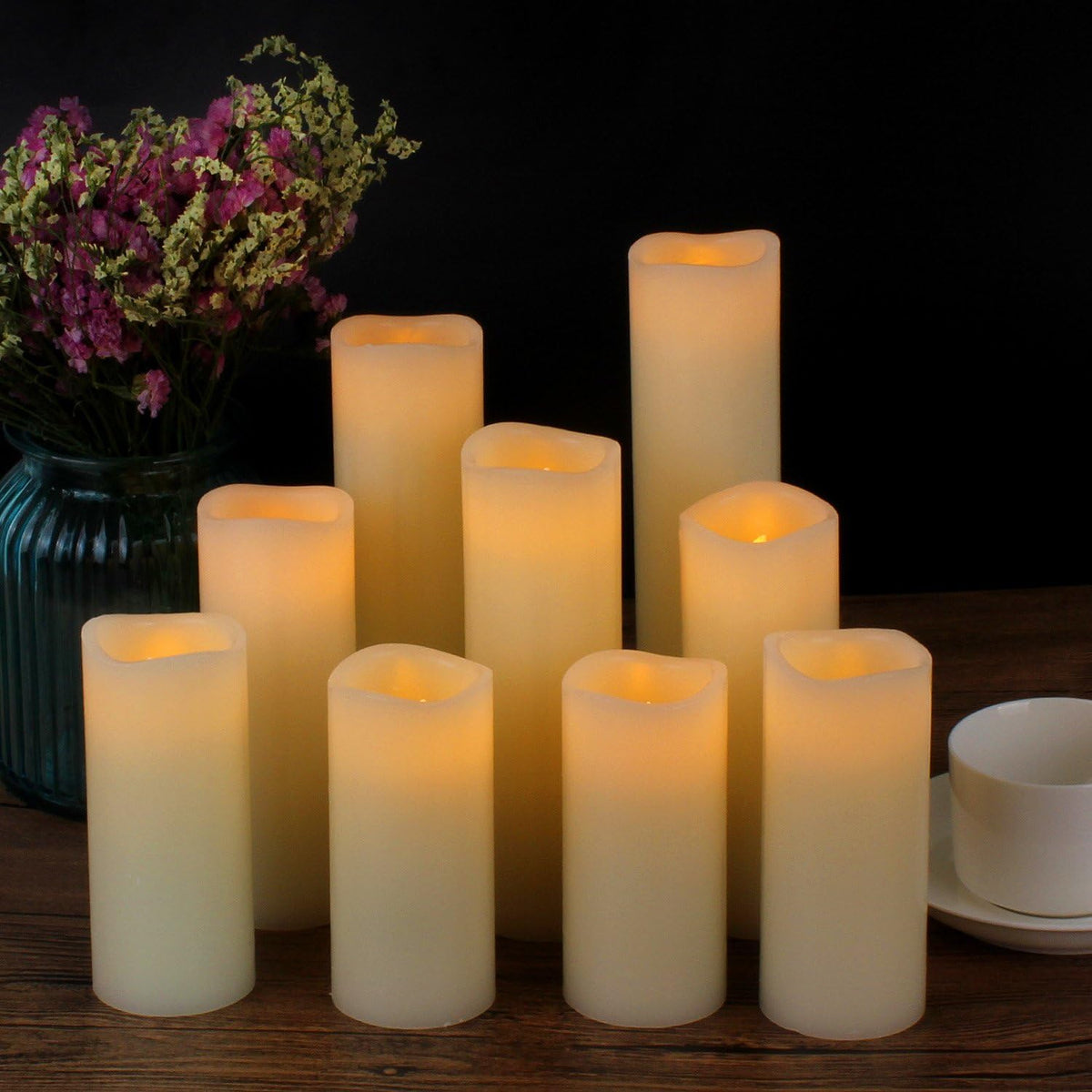Real Wax Flameless Pillar Candles with Remote, Set of 9