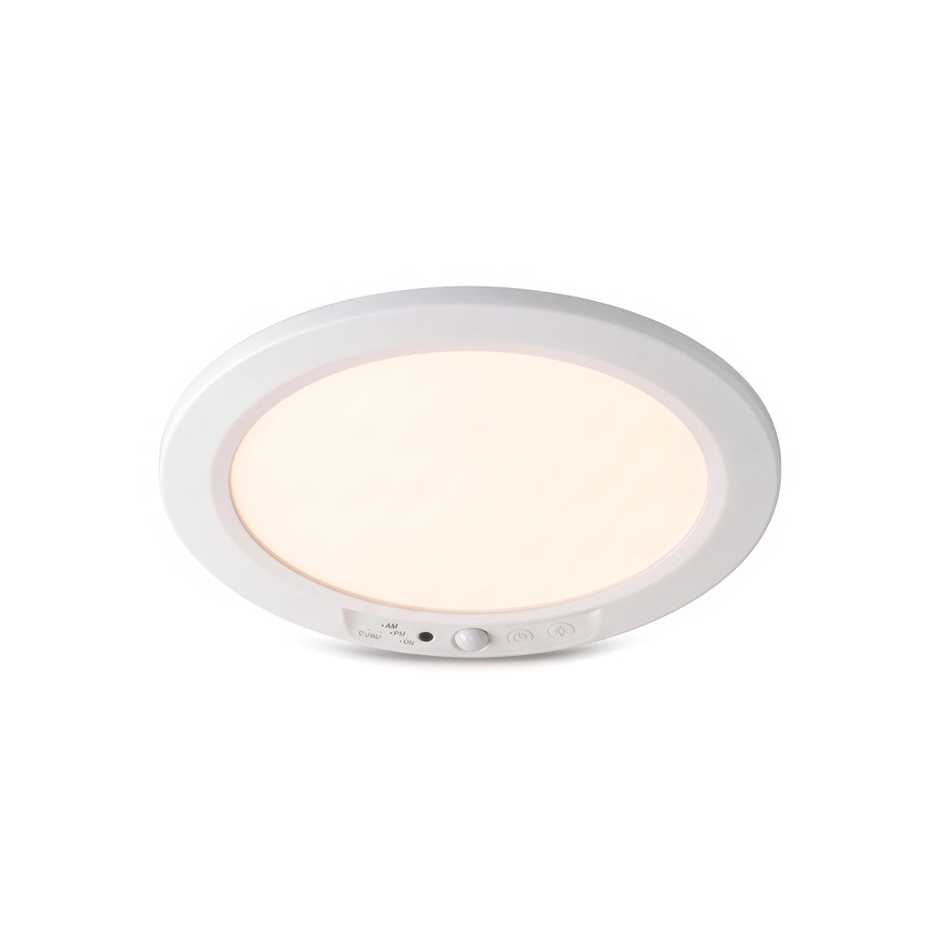 Rechargeable motion sensor ceiling light, round white LED, on a white background