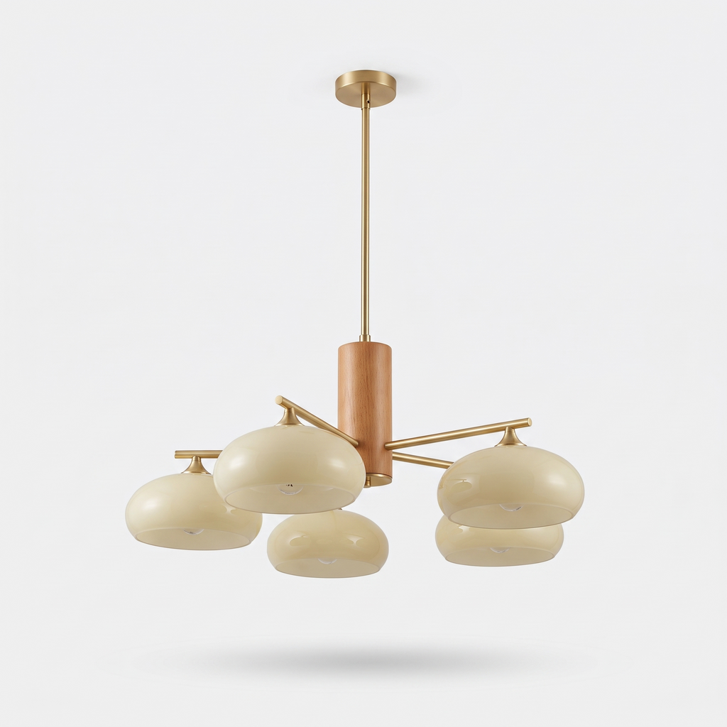 Persimmon Glass and Wood Chandelier