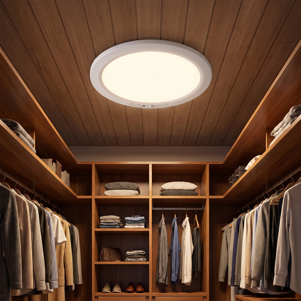 Rechargeable motion sensor ceiling light in a walk-in wardrobe