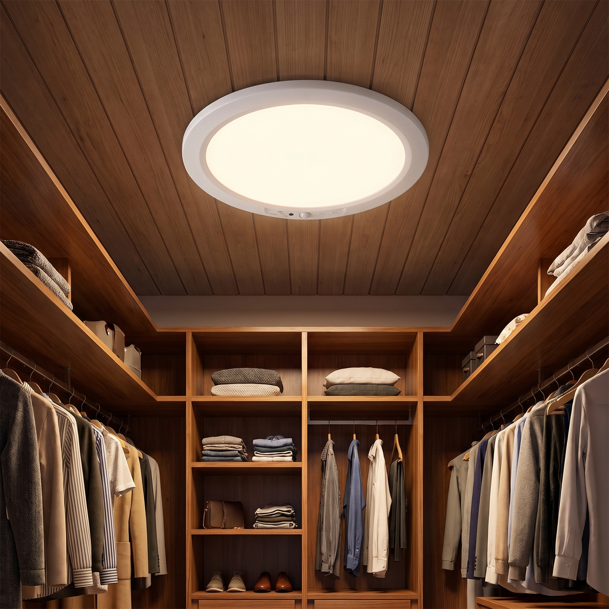 Rechargeable motion sensor ceiling light in a walk-in wardrobe