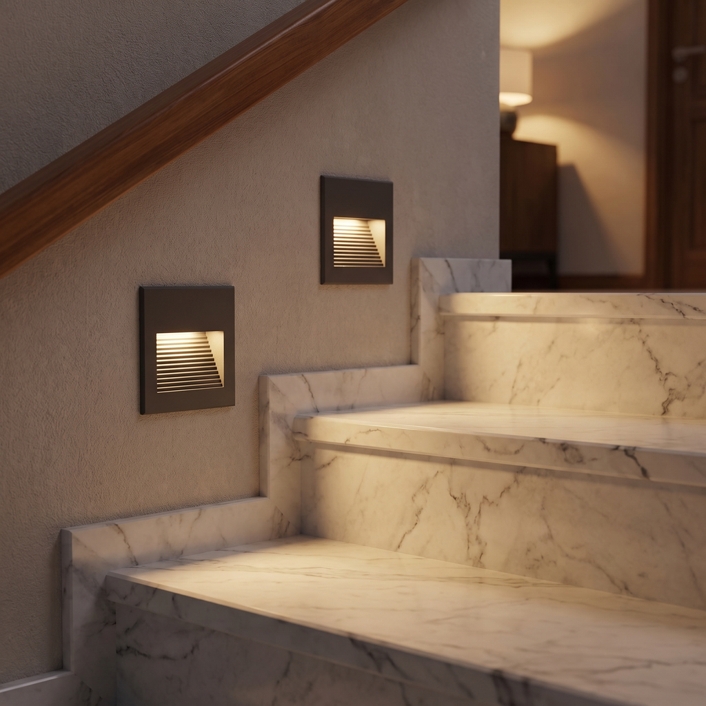 Louvred square LED step lights beside a marble staircase at night
