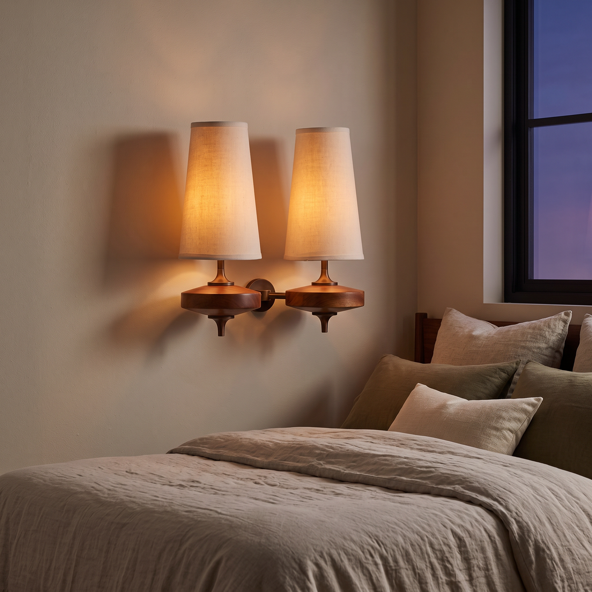 The wooden twin-shade wall sconce mounted on a bedroom wall beside a made bed with linen bedding, both fabric shades glowing warm in the evening