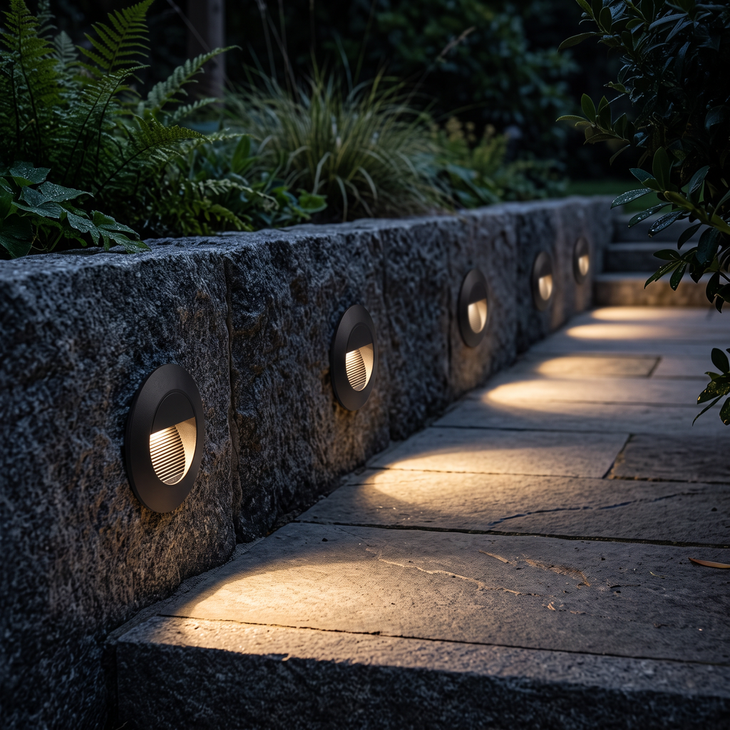 Round LED step lights recessed into the side wall of stone garden steps at night, each casting a soft warm pool of light on the steps