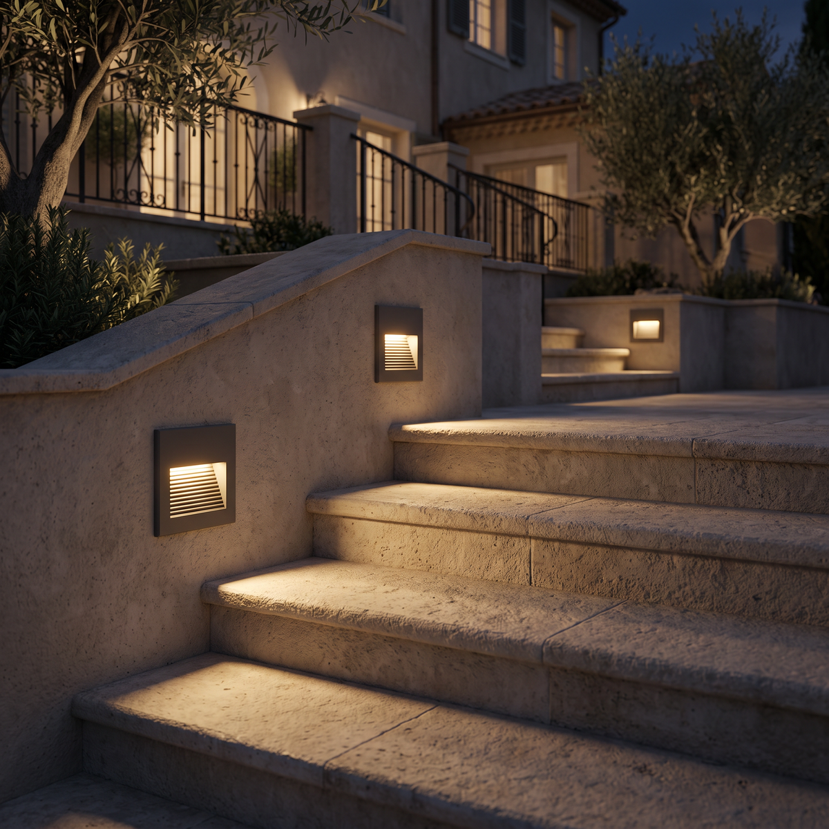 Louvred square LED step lights recessed into the low wall of outdoor courtyard steps of a villa at night, glowing warm through the louvres