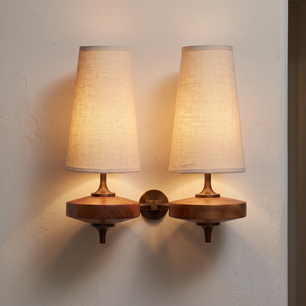 Close-up of the wooden twin-shade wall sconce on a plaster hallway wall, both fabric shades lit with warm light, showing the wood grain