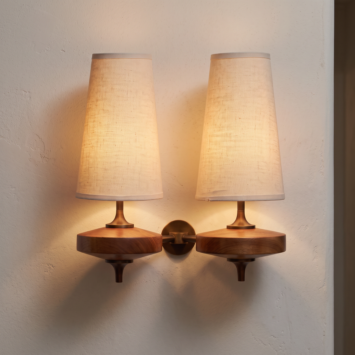 Close-up of the wooden twin-shade wall sconce on a plaster hallway wall, both fabric shades lit with warm light, showing the wood grain