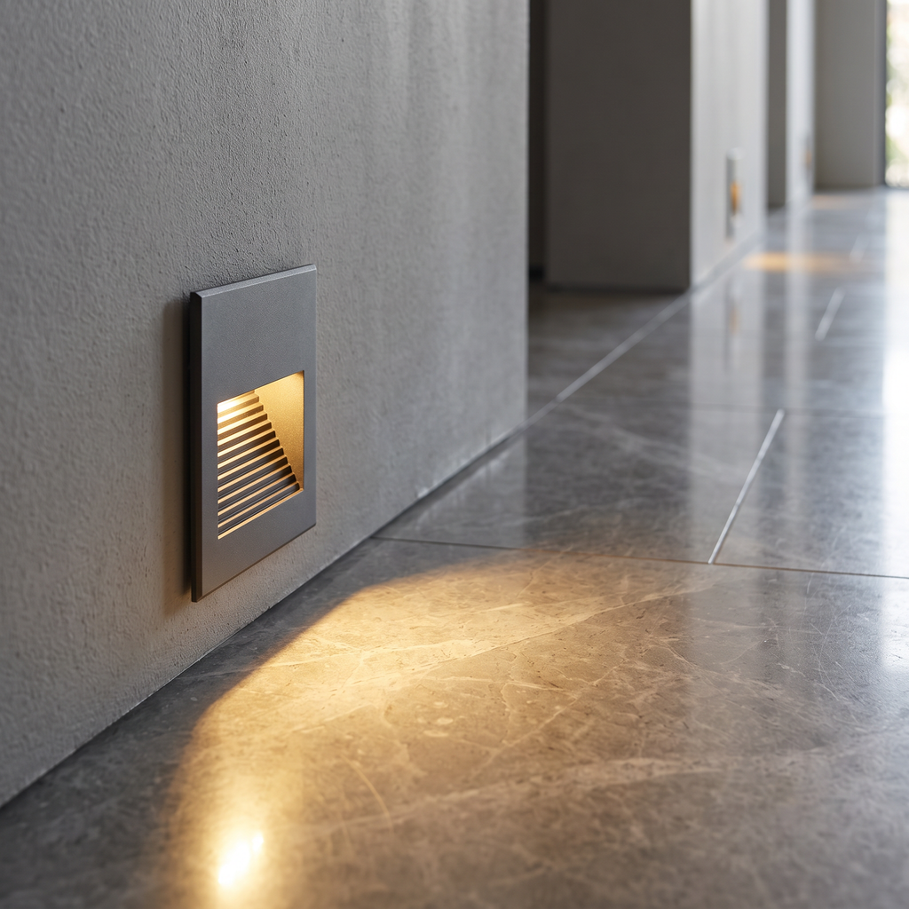 Close-up of one louvred square LED step light recessed low in a corridor wall, casting warm light across a polished stone floor