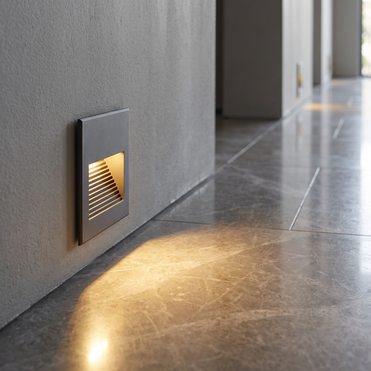 Close-up of one louvred square LED step light recessed low in a corridor wall, casting warm light across a polished stone floor