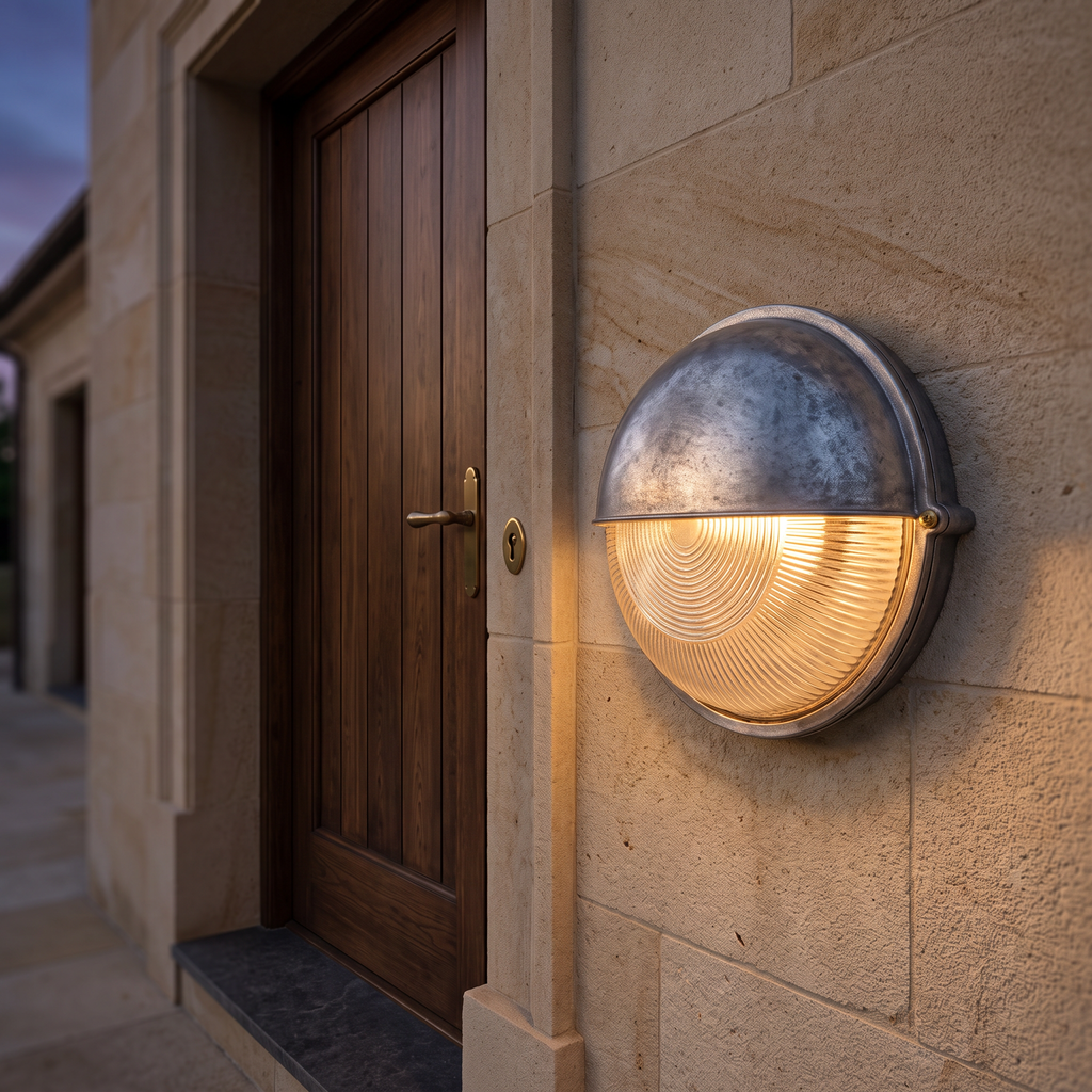 The marine bulkhead wall light mounted beside the wooden front door of a beige stone villa at dusk, glowing warm