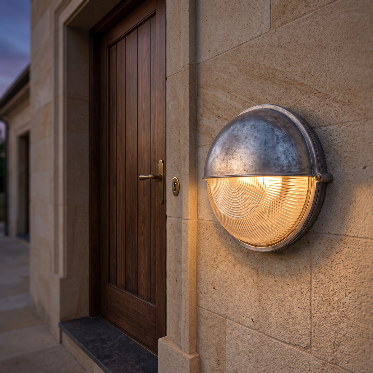The marine bulkhead wall light mounted beside the wooden front door of a beige stone villa at dusk, glowing warm