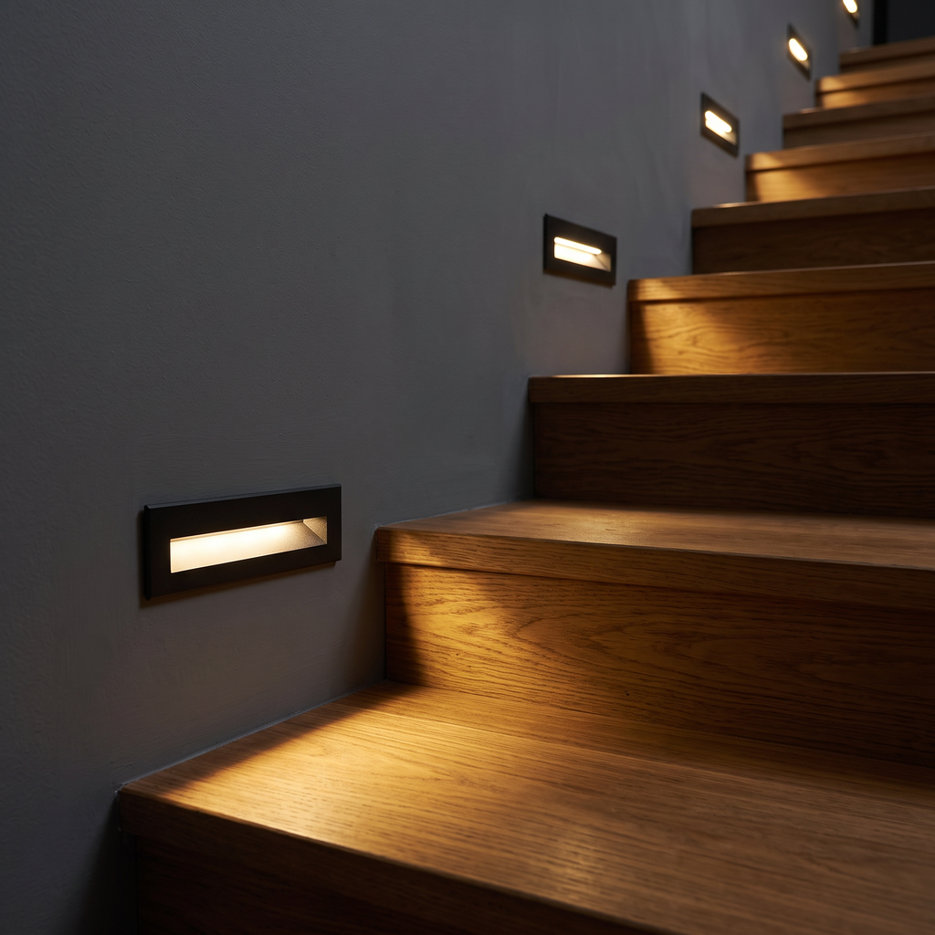 Long rectangular LED step lights recessed into the wall beside a modern indoor staircase with wooden treads at night, glowing warm