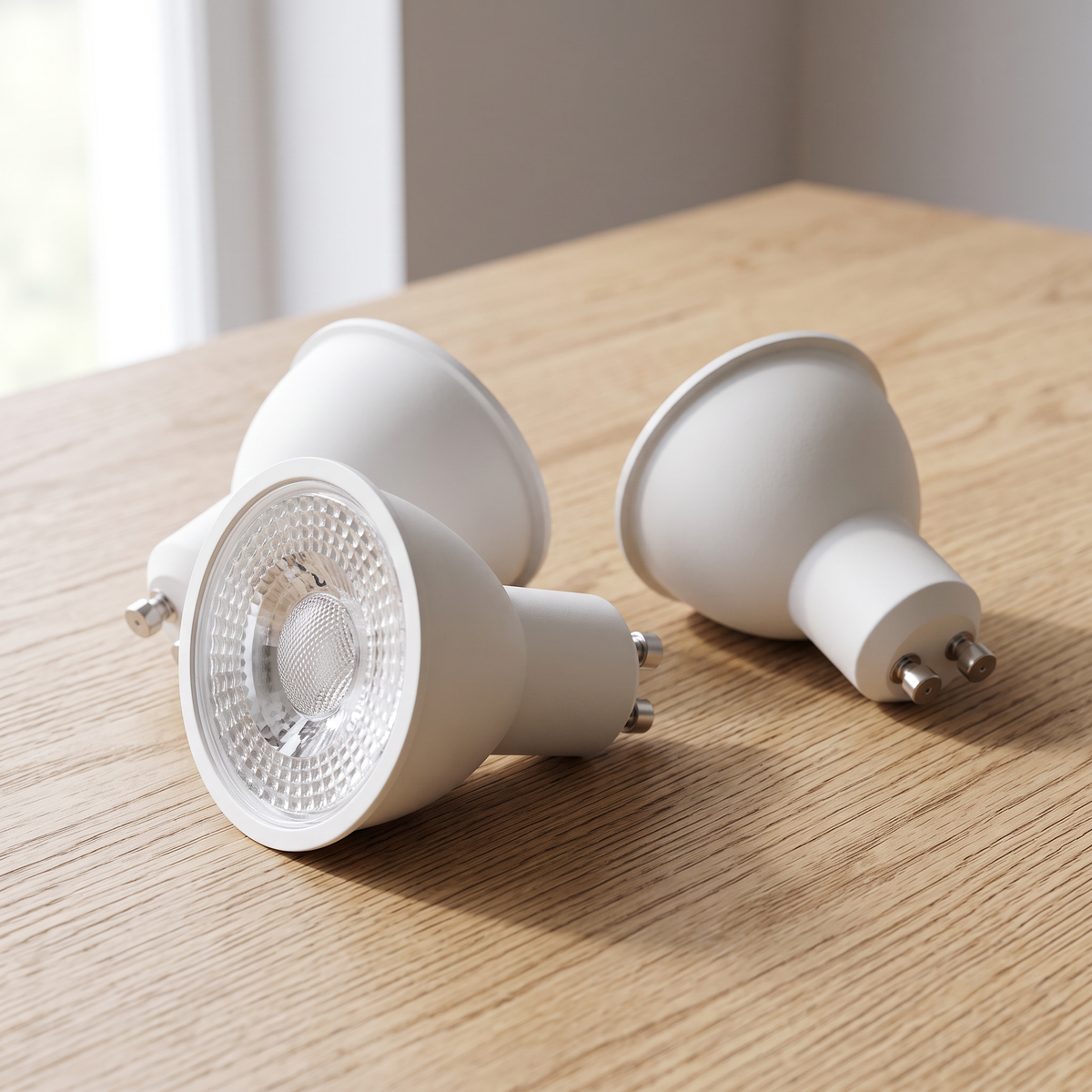 Close-up of three of the GU10 LED bulbs lying on a light oak wooden table, unlit, soft daylight