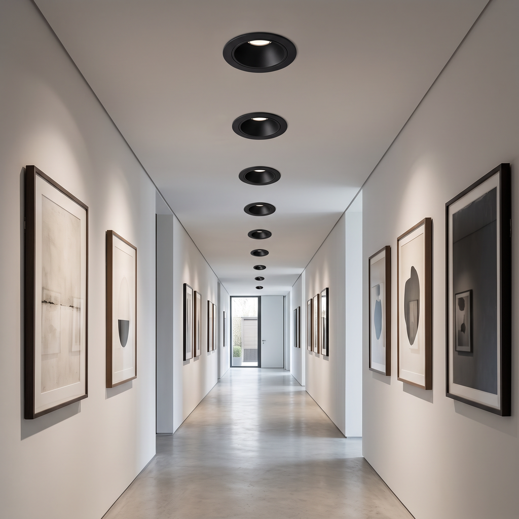 A row of deep anti-glare spotlight frames lit along the ceiling of a long hallway with art on the walls