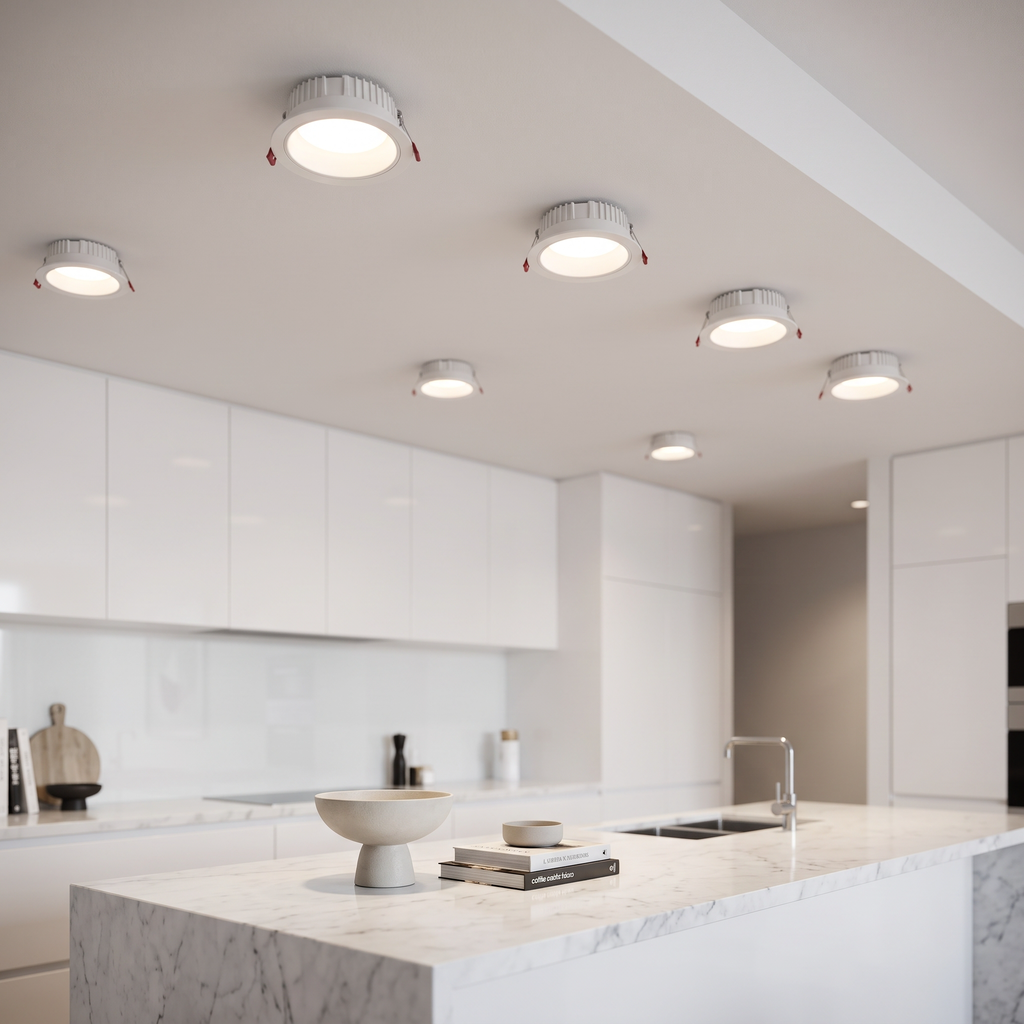 Recessed white anti-glare spotlights in the ceiling above a modern white kitchen with a marble island, lights on