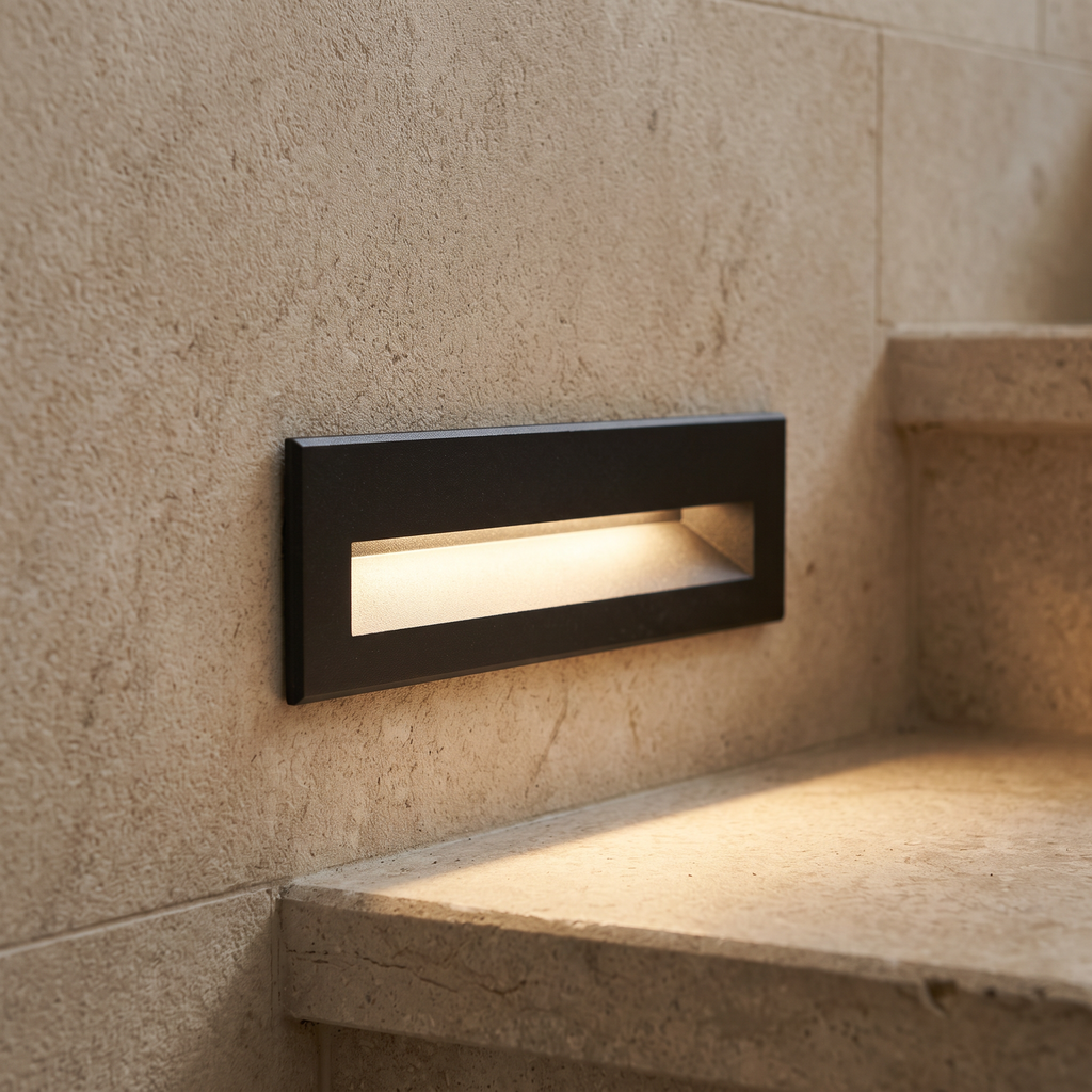 Close-up of one long rectangular LED step light recessed in a beige stone wall, casting a soft warm beam downward