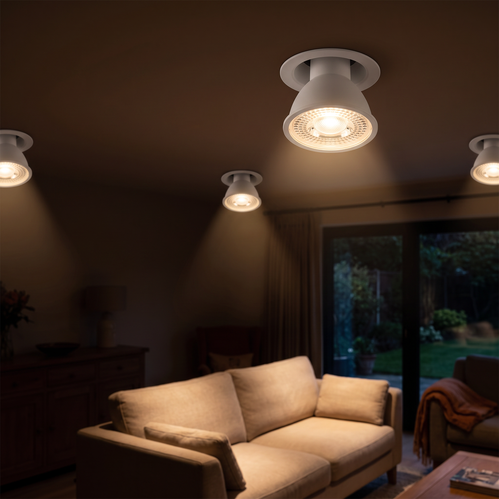 GU10 LED spotlight bulbs lit in recessed ceiling downlights of a cozy living room with a beige sofa at night