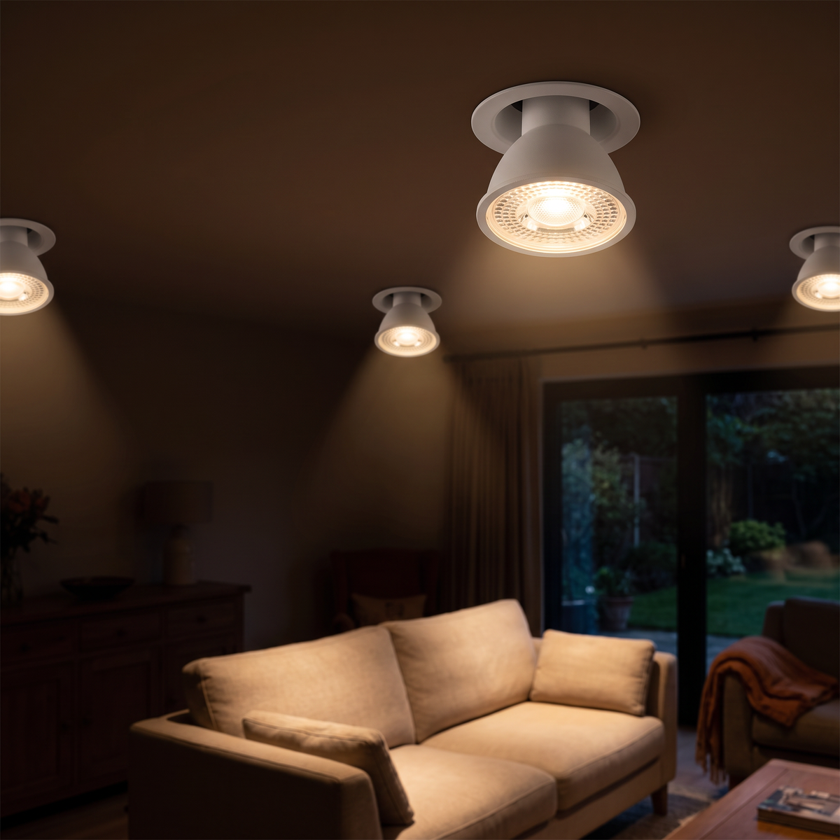 GU10 LED spotlight bulbs lit in recessed ceiling downlights of a cozy living room with a beige sofa at night