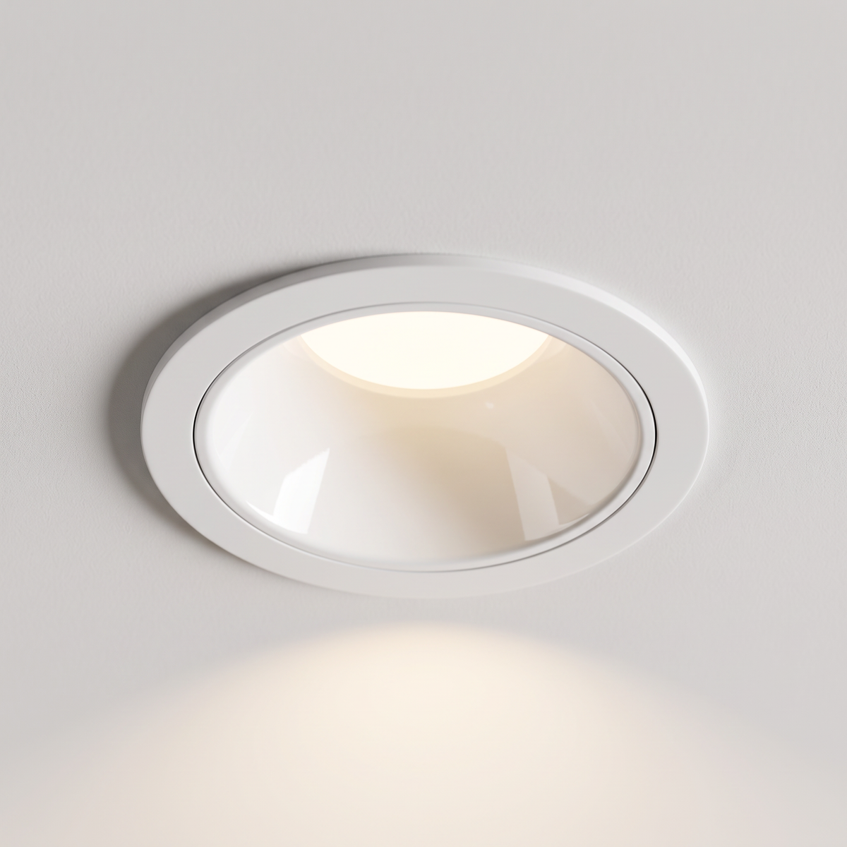 Looking up at one recessed white anti-glare spotlight lit in a smooth white ceiling, close-up showing the deep reflector