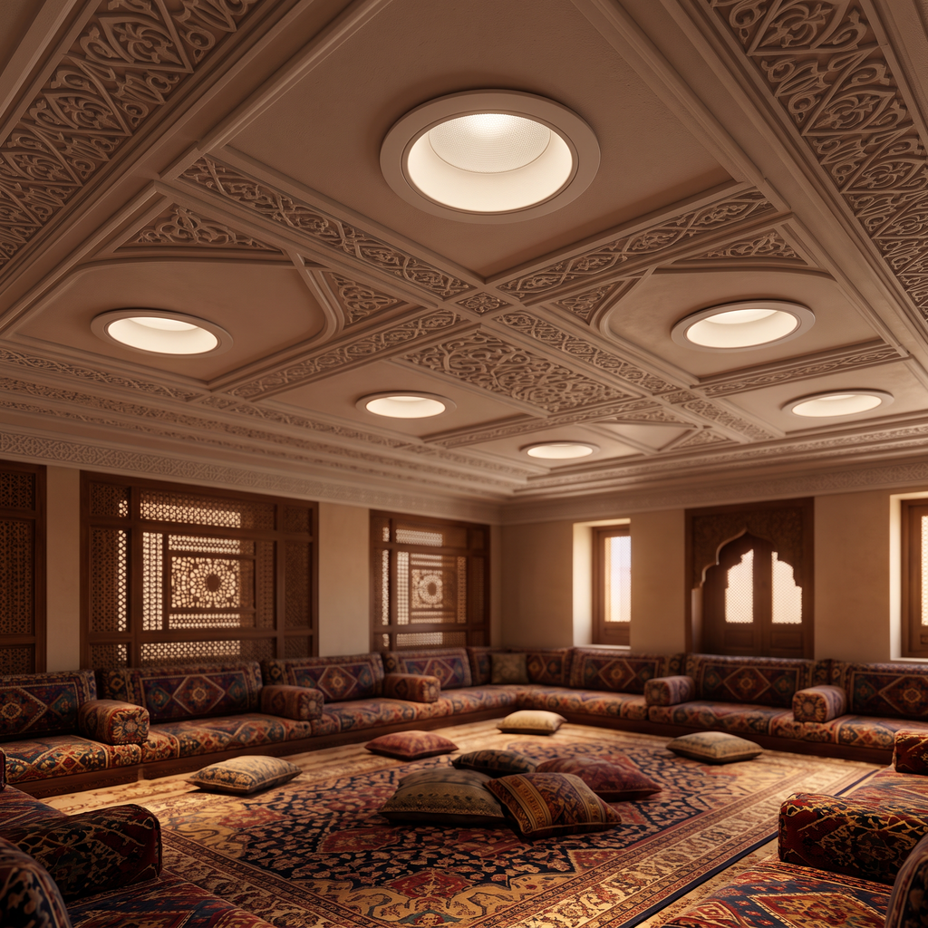 Several recessed white anti-glare spotlights in the ceiling of a spacious Saudi majlis with floor seating and cushions, warm evening light