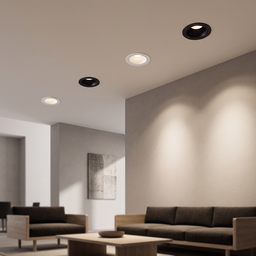 Round deep anti-glare spotlight frames installed in the ceiling of a modern living room, lit, with soft light falling on the walls