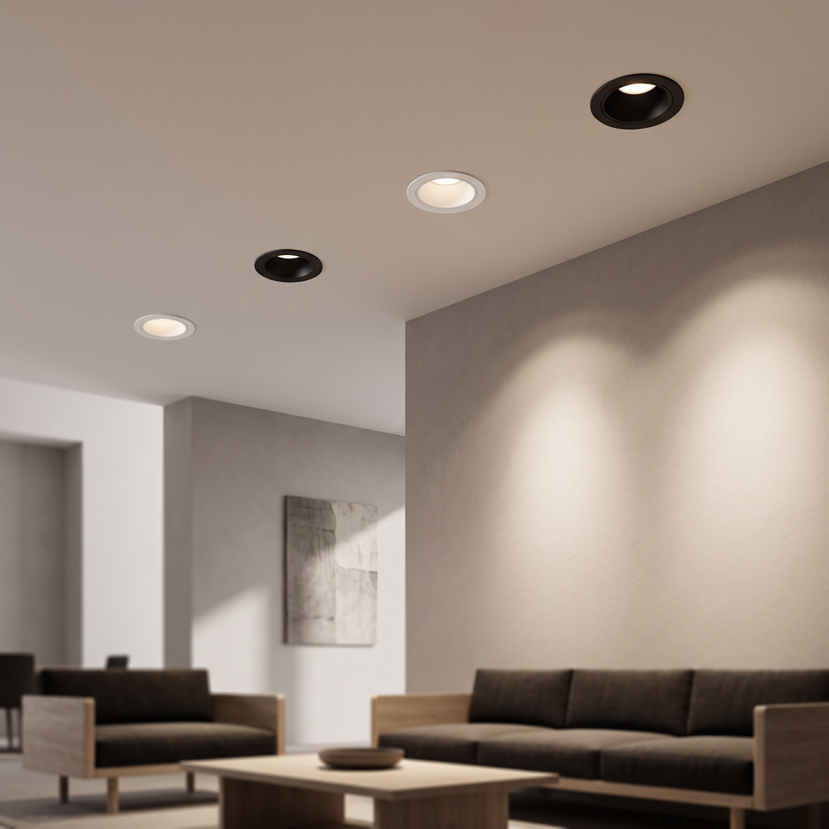 Round deep anti-glare spotlight frames installed in the ceiling of a modern living room, lit, with soft light falling on the walls