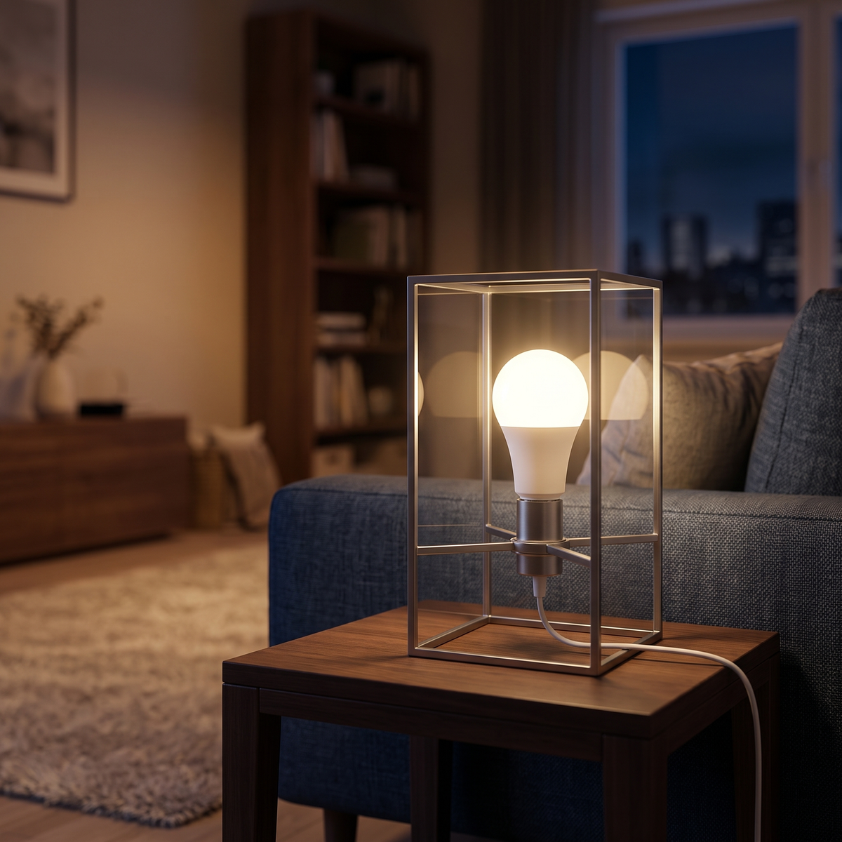 One of the E27 LED A60 bulbs glowing in an open table lamp beside a sofa in a cozy living room at night