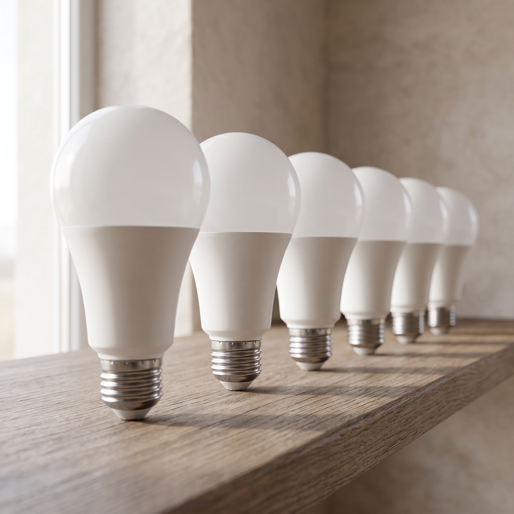 Close-up of the E27 LED A60 bulbs standing in a row on a wooden shelf, unlit, soft daylight