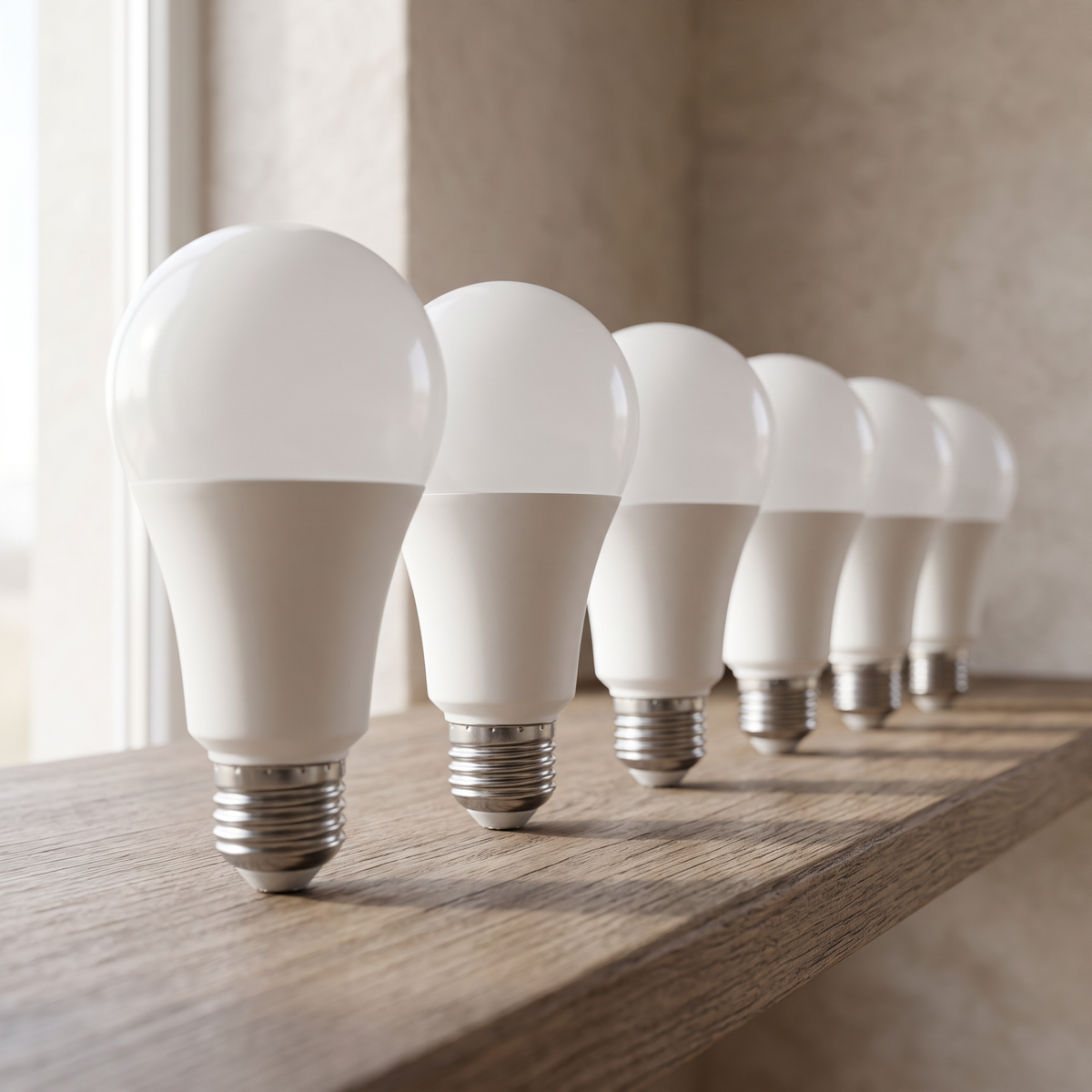 Close-up of the E27 LED A60 bulbs standing in a row on a wooden shelf, unlit, soft daylight