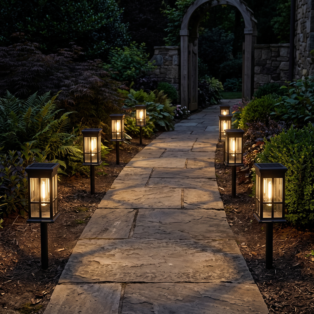 Several of the solar pathway lights lining a stone garden path at night, each glowing warm