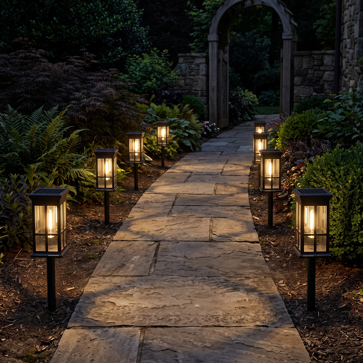 Several of the solar pathway lights lining a stone garden path at night, each glowing warm
