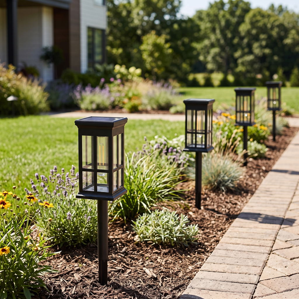 The solar pathway lights staked along a garden border on a sunny day, solar panels on top visible