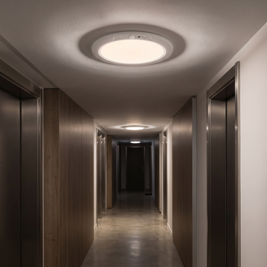 The round slim LED ceiling light mounted on the ceiling of a hallway at night, glowing warm white and lighting the corridor