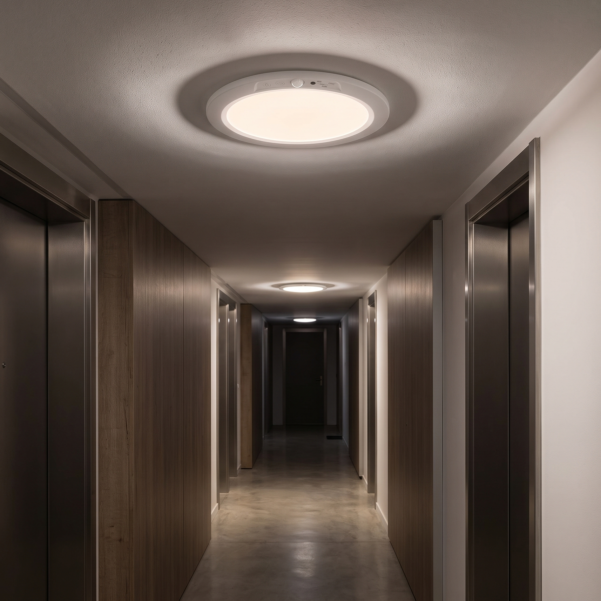 The round slim LED ceiling light mounted on the ceiling of a hallway at night, glowing warm white and lighting the corridor
