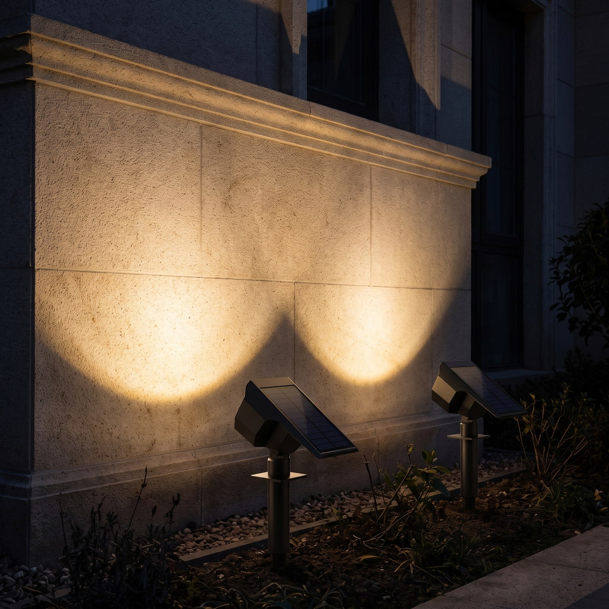 Two of the solar garden spotlights at the base of a beige stone villa facade at night, washing the wall with warm light