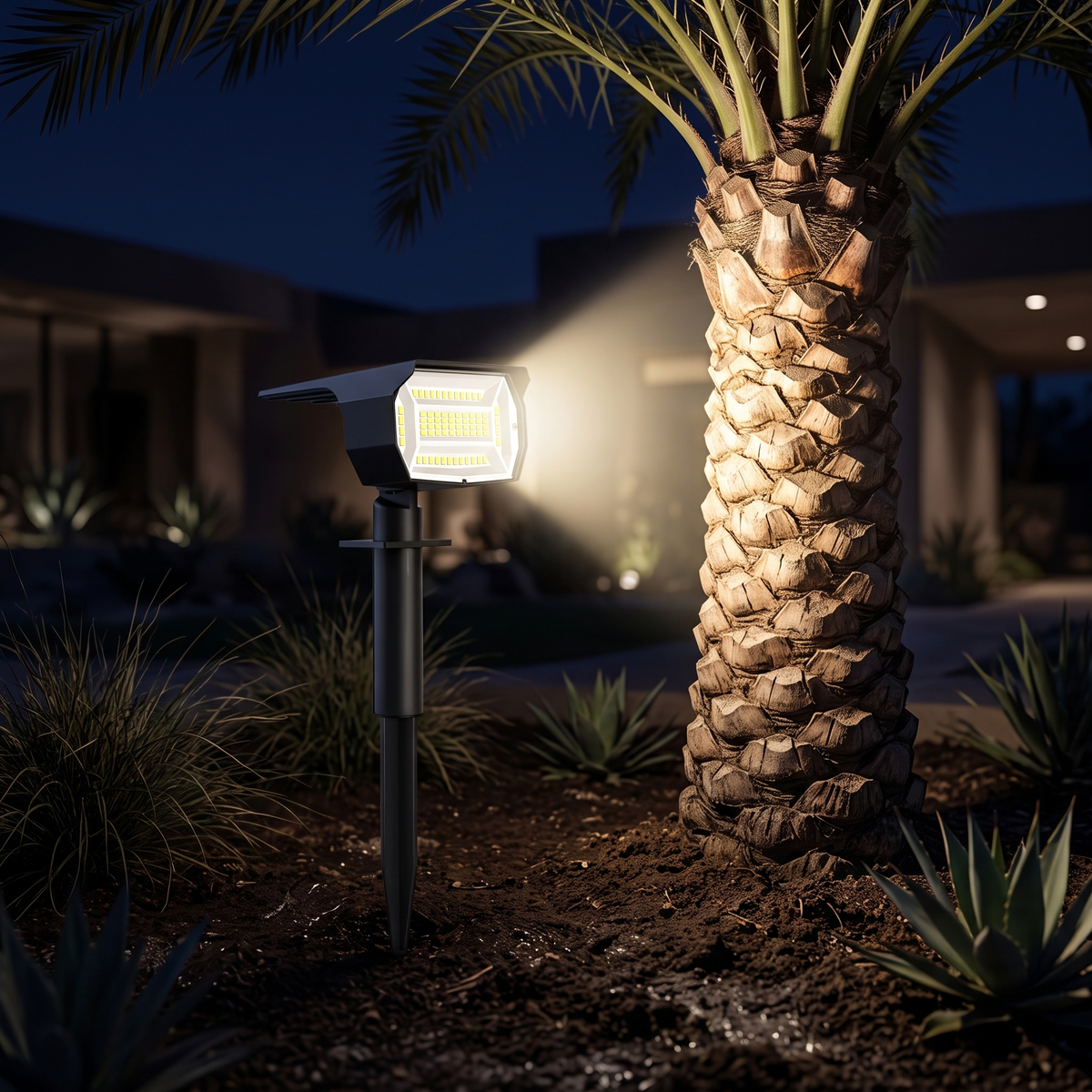 The solar garden spotlight staked in the soil of a villa garden at night, its beam lighting up the trunk of a date palm
