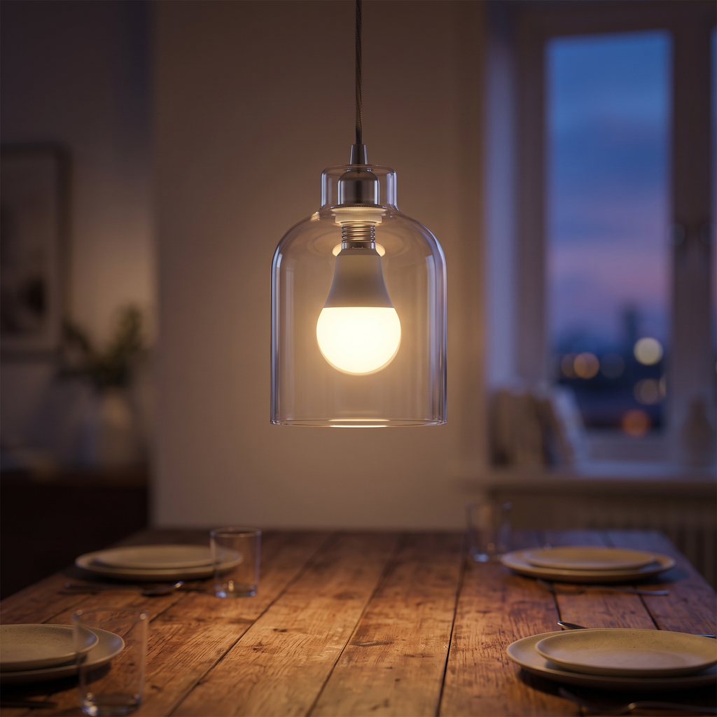 One of the E27 LED A60 bulbs glowing warm inside a simple glass pendant above a wooden dining table in the evening