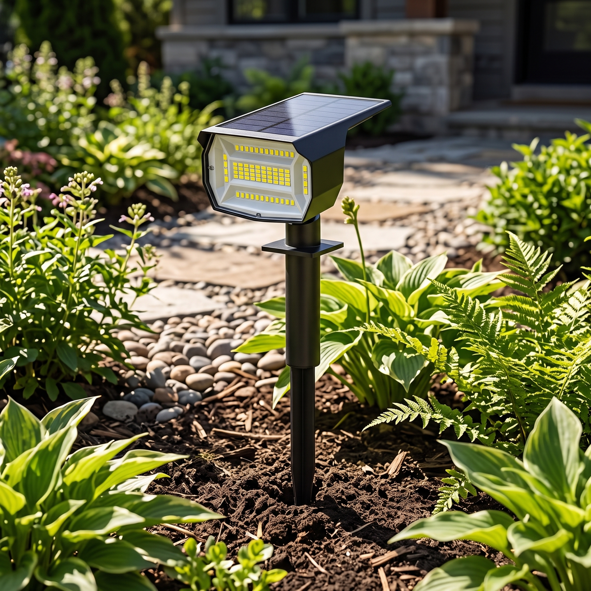 The solar garden spotlight staked in a garden bed during a sunny day, its solar panel facing the sun, green plants around it