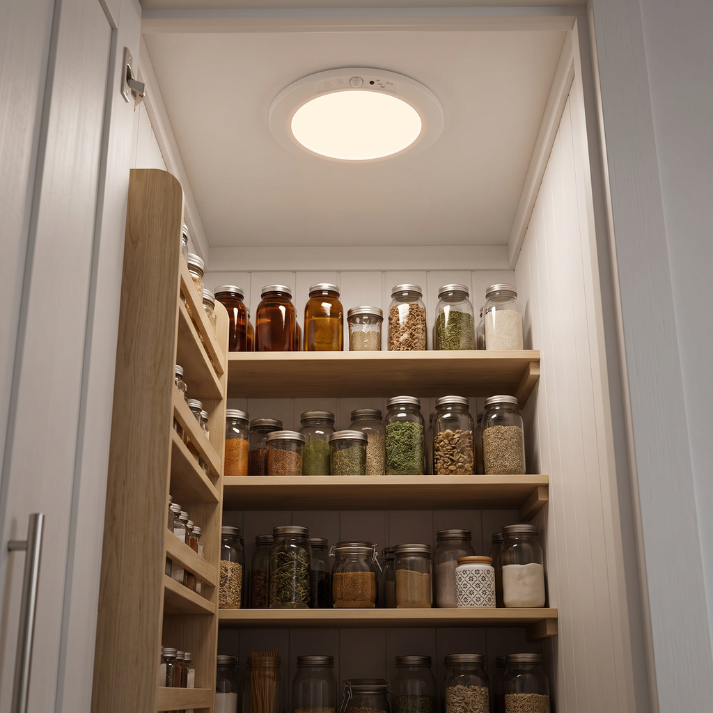 The round slim LED ceiling light mounted inside a tall kitchen pantry with shelves of jars, lit, door open