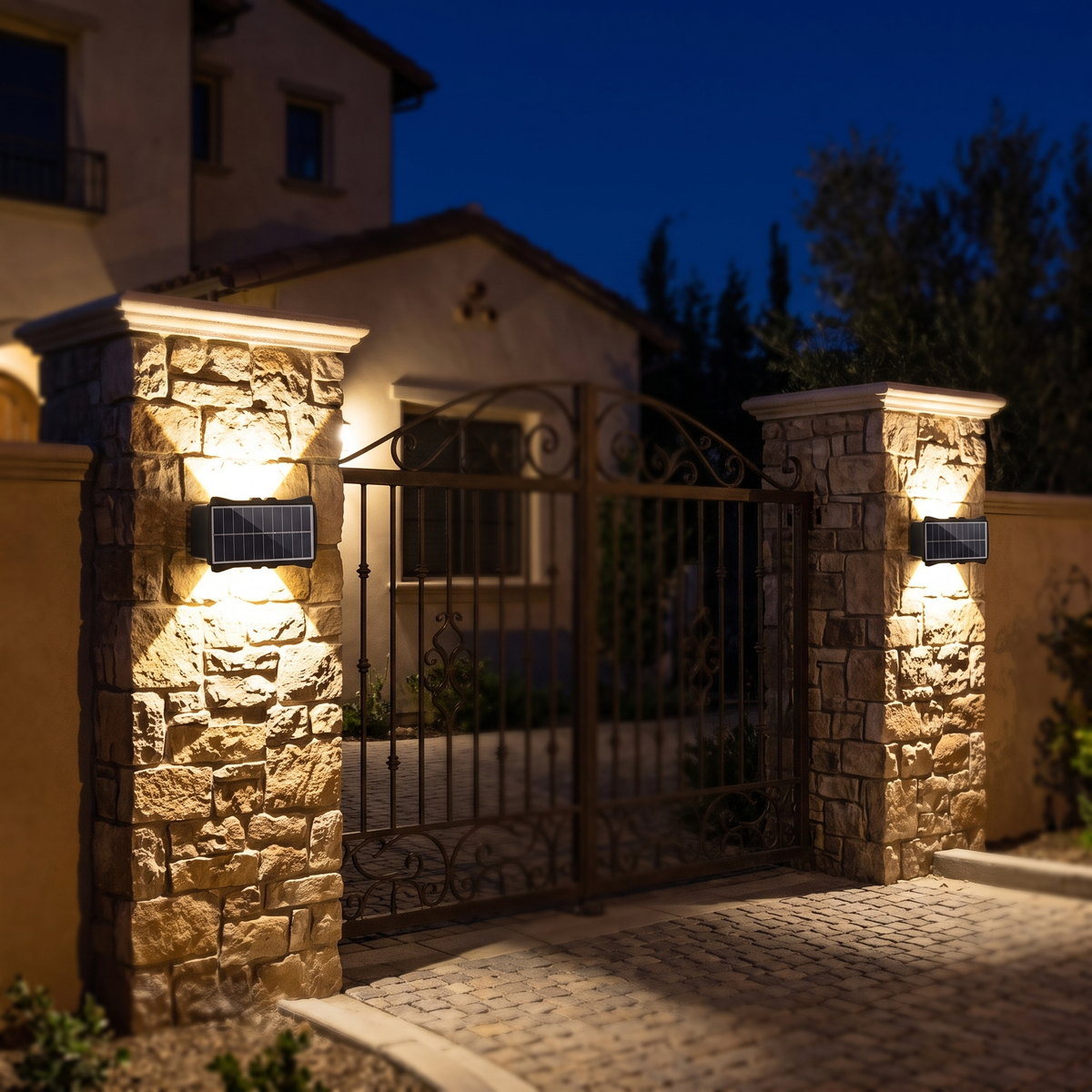 Two of the solar up and down wall lights mounted on the stone pillars of a villa gate at night, casting light up and down