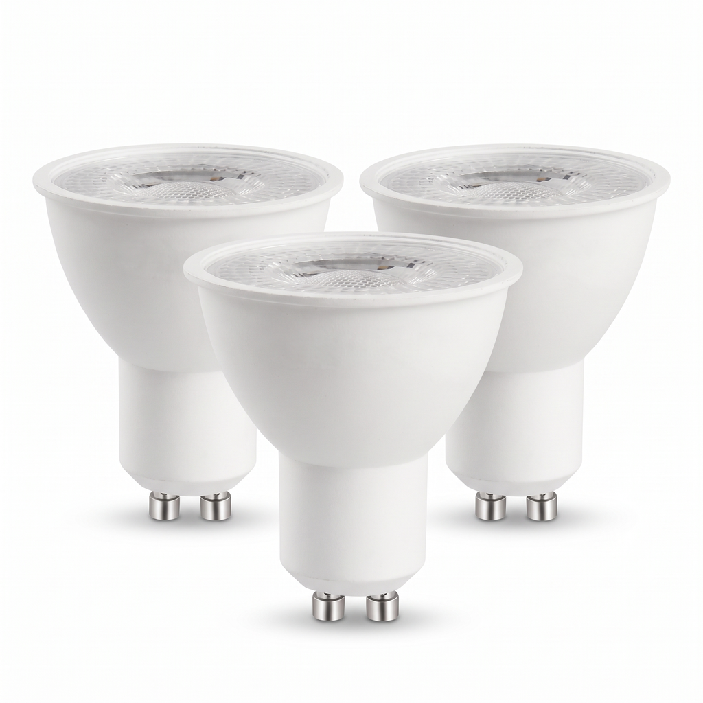 Three white GU10 LED spotlight bulbs on a white background