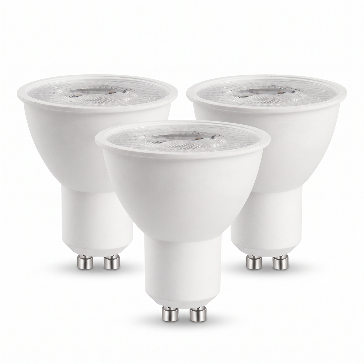 Three white GU10 LED spotlight bulbs on a white background
